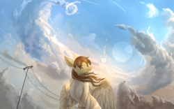 Size: 2560x1600 | Tagged: safe, artist:ssnerdy, derpibooru import, oc, oc only, pegasus, pony, clothes, cloud, eyes closed, lens flare, power line, solo, windswept mane