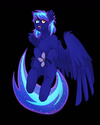 Size: 1024x1271 | Tagged: safe, artist:ssilverliver, derpibooru import, oc, oc only, pegasus, pony, black background, chest fluff, ethereal mane, flower, heterochromia, open mouth, pegasus oc, simple background, sitting, smiling, solo, starry mane, wings