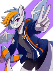 Size: 1500x2001 | Tagged: safe, artist:itsonlyaurl, derpibooru import, oc, oc:gulfstream, hybrid, original species, shark, shark pony, bat wings, clothes, compression shorts, female, grin, jacket, looking at you, peace sign, piercing, smiling, solo, solo female, tail, wings