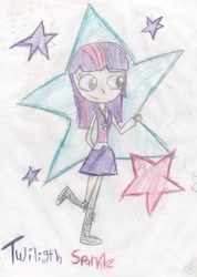 Size: 2086x2930 | Tagged: safe, artist:mexicangirl12, derpibooru import, twilight sparkle, human, clothes, cutie mark background, female, humanized, shoes, skirt, smiling, solo, traditional art, waving