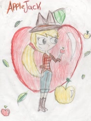 Size: 2169x2880 | Tagged: safe, artist:mexicangirl12, derpibooru import, applejack, human, apple, boots, clothes, eyelashes, female, food, hat, high heel boots, humanized, pants, shoes, smiling, solo, traditional art