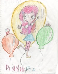 Size: 2296x2928 | Tagged: safe, artist:mexicangirl12, derpibooru import, pinkie pie, human, balloon, clothes, eyelashes, female, humanized, open mouth, pants, skirt, smiling, solo, traditional art