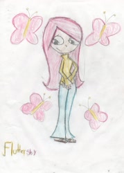 Size: 2136x2988 | Tagged: safe, artist:mexicangirl12, derpibooru import, fluttershy, human, bellbottoms, clothes, cute, cutie mark background, female, humanized, pants, shyabetes, smiling, solo, traditional art