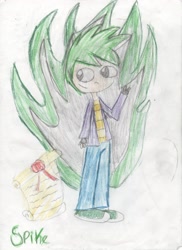Size: 2235x3062 | Tagged: safe, artist:mexicangirl12, derpibooru import, spike, human, clothes, fire, humanized, male, pants, scroll, shoes, smiling, solo, traditional art, waving