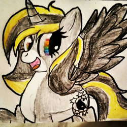 Size: 1983x1983 | Tagged: safe, artist:juliet-gwolf18, derpibooru import, oc, oc only, oc:juliet, alicorn, pony, alicorn oc, bust, eyelashes, horn, open mouth, smiling, solo, traditional art, wings, yin-yang