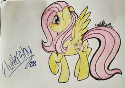 Size: 1640x1152 | Tagged: safe, artist:juliet-gwolf18, derpibooru import, fluttershy, pegasus, pony, blushing, cute, daaaaaaaaaaaw, eyelashes, female, mare, raised hoof, raised leg, shyabetes, signature, solo, traditional art, underhoof