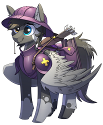 Size: 2480x3004 | Tagged: safe, artist:underpable, oc, oc:cloudy, pegasus, pony, armor, arrow, bag, hat, heterochromia, high res, male, quiver, saddle bag, simple background, smiling, solo, transparent background