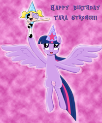 Size: 2704x3268 | Tagged: safe, artist:majkashinoda626, derpibooru import, twilight sparkle, twilight sparkle (alicorn), alicorn, birthday, bubbles (powerpuff girls), tara strong, the powerpuff girls, voice actor joke