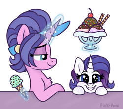 Size: 2000x1770 | Tagged: safe, artist:pink-pone, derpibooru import, cookie crumbles, rarity, pony, unicorn, cherry, chest fluff, cone, cute, female, food, fruit, happy, ice cream, magic, mother and child, mother and daughter, parent and child, raribetes, telekinesis