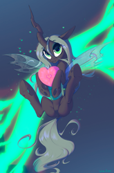 Size: 2003x3026 | Tagged: safe, artist:vincher, derpibooru import, edit, queen chrysalis, changeling, changeling queen, cute, cutealis, cuteling, ears, female, floppy ears, heart, heart pillow, looking at you, pillow, sfw edit, spread wings, underhoof, wings