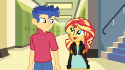 Size: 1280x720 | Tagged: safe, artist:3d4d, derpibooru import, flash sentry, sunset shimmer, equestria girls, date, female, flashimmer, height difference, looking at each other, male, shipping, straight