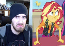 Size: 1528x1080 | Tagged: safe, derpibooru import, edit, edited screencap, screencap, sunset shimmer, equestria girls, equestria girls series, rollercoaster of friendship, >:c, angry, beanie, charmx, comparison, frown, geode of empathy, hat, magical geodes, rageset shimmer, that pony sure have anger issues, youtuber