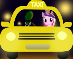 Size: 981x804 | Tagged: safe, anonymous artist, derpibooru import, princess cadance, oc, oc:anon, alicorn, human, car, night, smiling, streetlight, taxi