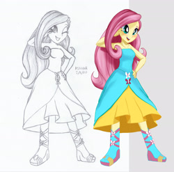 Size: 3000x2969 | Tagged: safe, artist:astevenamedwolf, derpibooru import, fluttershy, equestria girls, bare shoulders, female, high res, one eye closed, peace sign, sketch, sleeveless, solo, strapless, wink