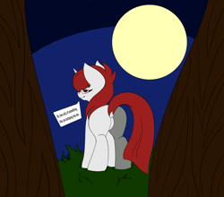 Size: 3023x2663 | Tagged: safe, artist:the-narrator, derpibooru import, oc, oc only, oc:revy(theunidentifiedchangeling), pony, unicorn, butt, dialogue, flank, forest, forest background, looking at you, looking back, looking back at you, moon, night, plot, simple coloring, solo, speech bubble