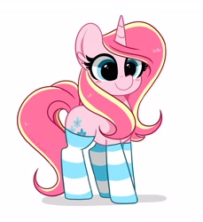 Size: 3746x4096 | Tagged: safe, artist:kittyrosie, derpibooru import, oc, oc only, oc:rosa flame, pony, unicorn, blushing, clothes, female, mare, simple background, socks, solo, striped socks, white background