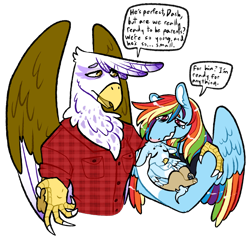 Size: 842x800 | Tagged: safe, artist:fastserve, derpibooru import, gilda, rainbow dash, oc, oc:blue skies blitz, anthro, griffon, hippogriff, pegasus, baby, clothes, crying, dialogue, family, female, gildash, hand on shoulder, interspecies offspring, lesbian, magical lesbian spawn, male, mother and child, mother and son, offspring, parent and child, parent:gilda, parent:rainbow dash, parents:gildash, plaid shirt, shipping, shirt, simple background, speech bubble, tears of joy, transparent background