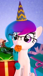 Size: 2304x4096 | Tagged: safe, artist:flushthebatsanta, derpibooru import, oc, oc only, oc:aurora starling, earth pony, pony, 2019, 3d, cookie, cute, duo, female, food, gift art, glasses, hat, heterochromia, looking at you, party hat, present, simple background, sitting, source filmmaker, tail