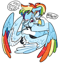 Size: 764x800 | Tagged: safe, artist:fastserve, derpibooru import, rainbow dash, oc, oc:blue skies blitz, anthro, earth pony, hippogriff, colored wings, colored wingtips, crying, dialogue, female, hug, interspecies offspring, magical lesbian spawn, male, mother and child, mother and son, multicolored wings, offspring, parent and child, parent:gilda, parent:rainbow dash, parents:gildash, rainbow wings, simple background, speech bubble, spread wings, teary eyes, transparent background, winghug, wings