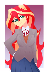 Size: 2154x3258 | Tagged: safe, artist:xan-gelx, derpibooru import, sunset shimmer, equestria girls, abstract background, clothes, doki doki literature club, eyelashes, female, green eyes, hand on hip, high res, humanized, long hair, looking away, multicolored hair, red hair, school uniform, skirt, smiling, solo, uniform, yellow hair