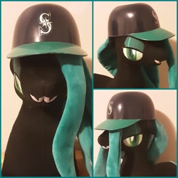 Size: 3464x3464 | Tagged: safe, derpibooru import, queen chrysalis, changeling, changeling queen, collage, female, hat, plushie, seattle mariners, smiling, wingless