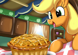 Size: 1024x724 | Tagged: safe, artist:neoshrek, derpibooru import, applejack, earth pony, pony, apple, apple pie, drool, female, food, pie, solo, tongue out