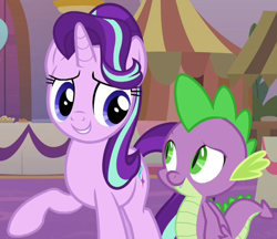 Size: 800x690 | Tagged: safe, derpibooru import, screencap, spike, starlight glimmer, dragon, pony, unicorn, memories and more, the last problem, spoiler:memories and more, cropped, duo, female, looking at each other, male, mare, winged spike