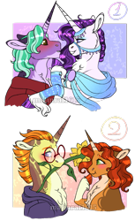 Size: 717x1175 | Tagged: safe, artist:malinraf1615, derpibooru import, firelight, stellar flare, oc, oc:lucero glimmer, classical unicorn, pony, unicorn, blushing, bridle, canon x oc, cloven hooves, coat markings, female, flower, flower in mouth, leonine tail, male, mouth hold, saddle arabian outfit, shipping, socks (coat marking), straight, sunflower, sunspot (character), tack, unshorn fetlocks