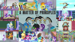 Size: 1974x1112 | Tagged: safe, derpibooru import, edit, edited screencap, editor:quoterific, screencap, applejack, auburn vision, citrine spark, cozy glow, cranky doodle donkey, derpy hooves, discord, fire quacker, fluttershy, gallus, huckleberry, maud pie, ocellus, pinkie pie, rainbow dash, rarity, sandbar, silverstream, smolder, spike, spitfire, starlight glimmer, trixie, twilight sparkle, twilight sparkle (alicorn), yona, alicorn, draconequus, dragon, earth pony, griffon, hippogriff, pegasus, pony, unicorn, yak, a matter of principals, angry, bipedal, bipedal leaning, blushing, dragoness, eyes closed, female, filly, friendship student, glowing horn, horn, leaning, magic, magic aura, mane eight, mane seven, mane six, messy mane, one eye closed, open mouth, spit take, student six, winged spike