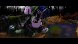 Size: 3000x1700 | Tagged: safe, artist:mjsw, derpibooru import, twilight sparkle, unicorn twilight, pony, unicorn, clothes, female, gun, letterboxing, magical artifact, mare, s.t.a.l.k.e.r., solo, stalker, weapon