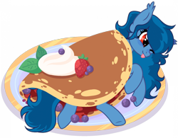 Size: 1920x1496 | Tagged: safe, artist:unichan, derpibooru import, oc, oc only, oc:tazzee, bat pony, pony, :p, ;p, bat pony oc, blueberry, commission, female, food, mare, one eye closed, pancakes, ponies in food, solo, strawberry, tongue out, ych result