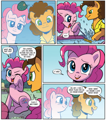 Size: 672x761 | Tagged: safe, artist:pencils, derpibooru import, idw, cheese sandwich, pinkie pie, earth pony, pony, spoiler:comic, spoiler:comic94, cheesepie, comic, female, male, mare, season 10, shipping, splashing, stallion, straight