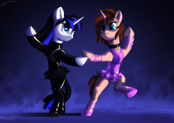 Size: 3100x2200 | Tagged: safe, artist:shido-tara, derpibooru import, oc, oc only, oc:chloe adore, oc:coldlight bluestar, semi-anthro, ballerina, ballet shoes, collar, commission, dancing, latex, latex suit, looking at each other, simple background