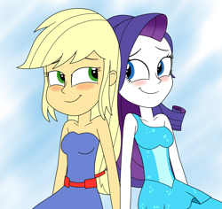 Size: 3441x3249 | Tagged: safe, artist:eagc7, derpibooru import, applejack, rarity, equestria girls, bare shoulders, blushing, fall formal outfits, female, holding hands, lesbian, rarijack, shipping, simple background, sleeveless, smiling, strapless