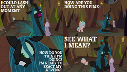 Size: 2000x1125 | Tagged: safe, derpibooru import, edit, edited screencap, editor:quoterific, screencap, cozy glow, mean twilight sparkle, queen chrysalis, twilog, changeling, changeling queen, pegasus, pony, frenemies (episode), angry, female, filly, log, nose in the air, open mouth