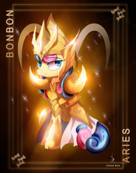 Size: 1920x2444 | Tagged: safe, artist:zidanemina, derpibooru import, bon bon, sweetie drops, absurd resolution, anime crossover, aries, armor, black background, crossover, gold, gold saint, looking at you, saint seiya, simple background, solo, zodiac