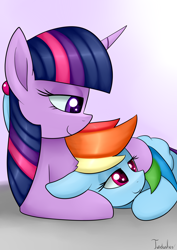 Size: 2480x3507 | Tagged: safe, artist:twidasher, derpibooru import, rainbow dash, twilight sparkle, pegasus, pony, chest fluff, ears, feather, female, floppy ears, hug, lesbian, shipping, signature, smiling, twidash