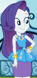 Size: 981x2045 | Tagged: safe, derpibooru import, screencap, rarity, better together, equestria girls, sock it to me, sock it to me: rarity, canterlot high, clothes, cropped, cute, diamond, dress, female, geode of shielding, gold, hand on hip, jewelry, legs, magical geodes, makeup, necklace, outdoors, pencil skirt, raribetes, rarity peplum dress, sleeveless, smiling, soccer field, waistband, wrist cuffs