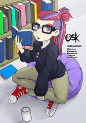 Size: 1395x2000 | Tagged: safe, artist:oldskullkid, derpibooru import, moondancer, equestria girls, book, bookshelf, clothes, converse, equestria girls-ified, female, glass of milk, glasses, library, milk, open mouth, shoes, sitting, solo, sweater