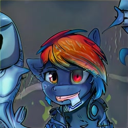 Size: 1024x1024 | Tagged: safe, artist:thisponydoesnotexist, derpibooru import, pegasus, pony, heterochromia, looking at you, machine learning abomination, neural network, not rainbow dash, not salmon, solo, wat