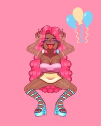 Size: 1080x1350 | Tagged: safe, artist:theapplequeenmaniac2, derpibooru import, pinkie pie, human, :p, balloon, breasts, cleavage, clothes, dark skin, double peace sign, ear piercing, eyelashes, eyes closed, feet, female, fingerless gloves, fishnet stockings, gloves, high heels, humanized, nail polish, peace sign, piercing, pink background, shoes, signature, simple background, skirt, solo, squatting, toenail polish, tongue out