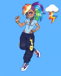 Size: 1080x1350 | Tagged: safe, artist:theapplequeenmaniac2, derpibooru import, rainbow dash, human, alternate hairstyle, blue background, bracelet, clothes, cutie mark, cutie mark on clothes, dark skin, ear piercing, eyelashes, female, grin, humanized, jewelry, necklace, panties, pants, piercing, shoes, signature, simple background, smiling, solo, thong, underwear