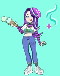 Size: 1080x1350 | Tagged: safe, artist:theapplequeenmaniac2, derpibooru import, starlight glimmer, human, beanie, blue background, clothes, eyelashes, female, food, hat, humanized, ice cream, ice cream cone, jewelry, licking, licking lips, nail polish, necklace, pants, shoes, signature, simple background, socks, solo, tongue out