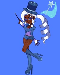 Size: 1080x1350 | Tagged: safe, artist:theapplequeenmaniac2, derpibooru import, trixie, human, blue background, clothes, dark skin, ear piercing, eyelashes, female, fingerless gloves, gloves, hairclip, hat, high heels, humanized, magic wand, makeup, nail polish, piercing, shoes, shorts, signature, simple background, socks, solo, top hat