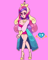 Size: 1080x1350 | Tagged: safe, artist:theapplequeenmaniac2, derpibooru import, princess cadance, human, breasts, cleavage, clothes, crown, dress, ear piercing, eyelashes, female, high heels, humanized, jewelry, nail polish, necklace, piercing, pink background, regalia, shoes, signature, simple background, solo, wristband