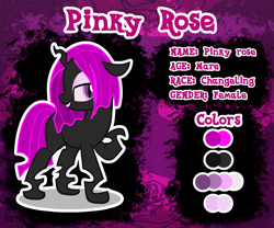 Size: 1024x853 | Tagged: safe, artist:amgiwolf, derpibooru import, oc, oc only, changeling, changeling queen, pony, bedroom eyes, changeling queen oc, female, grin, looking back, purple changeling, raised hoof, raised leg, reference sheet, smiling, solo