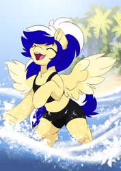 Size: 2480x3508 | Tagged: safe, artist:arctic-fox, derpibooru import, oc, oc:animatedpony, pegasus, pony, beach, bikini shorts, clothes, eyes closed, female, mare, midriff, palm tree, solo, splashing, swimsuit, tankini, tree, water, wings