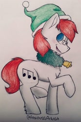 Size: 1536x2316 | Tagged: safe, artist:anxioussartist, derpibooru import, oc, oc:apex soundwave, earth pony, pony, christmas, glasses, hat, holiday, male, photo, solo, stallion, traditional art, wreath