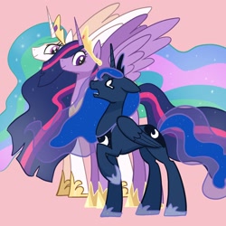 Size: 2048x2048 | Tagged: safe, artist:pfeffaroo, derpibooru import, part of a set, princess celestia, princess luna, princess twilight 2.0, twilight sparkle, twilight sparkle (alicorn), alicorn, pony, the last problem, age progression, ears, exasperated face, female, floppy ears, flowing mane, folded wings, frustrated, height difference, high res, hoof shoes, jewelry, line-up, looking at each other, looking at someone, looking down, looking up, mare, older, older twilight, open mouth, peytral, pink background, profile, raised hoof, raised leg, regalia, royal sisters, siblings, simple background, sisters, size difference, smiling, spread wings, standing, teary eyes, trio, unfair, wings