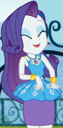 Size: 1005x2045 | Tagged: safe, derpibooru import, screencap, rarity, better together, equestria girls, sock it to me, sock it to me: rarity, canterlot high, clothes, cropped, cute, diamond, dress, eyes closed, female, geode of shielding, gold, jewelry, laughing, legs, magical geodes, makeup, necklace, outdoors, pencil skirt, raribetes, rarity peplum dress, sleeveless, smiling, soccer field, waistband, wrist cuffs